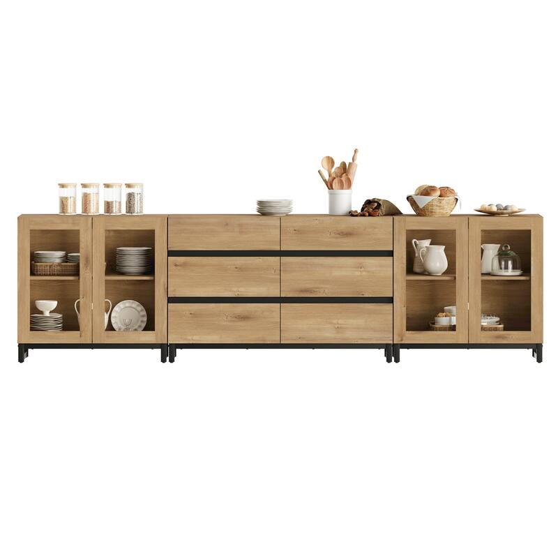 WAMPAT 3 in 1 Multifunctional Dresser with Glass Doors and 6 Drawers, Modern Chest of Drawers for Bedroom