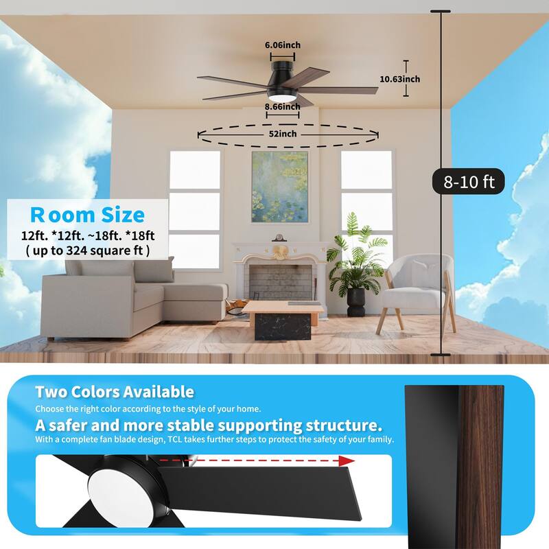 52" Ceiling Fan with Lights, Black Flush Mount Ceiling Fans with Remote Control, 6 Speeds DC Reversible, Dimmable, Noiseless