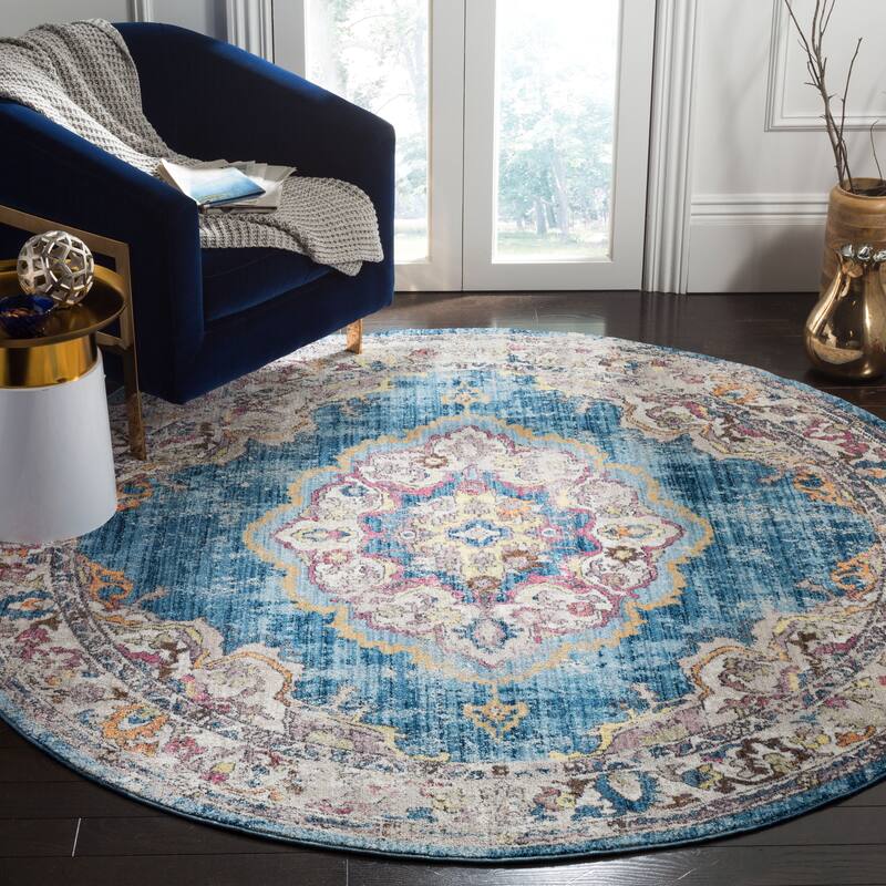 SAFAVIEH Bristol Janushka Vintage Boho Oriental Polyester Rug - 7' Round - Blue/Light Grey