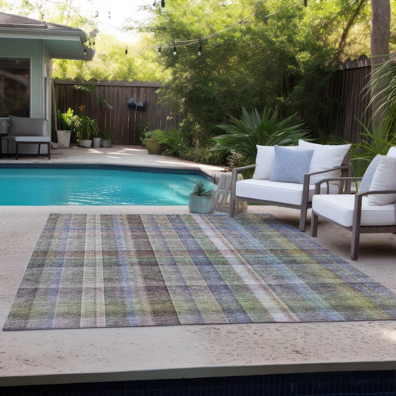 Machine Washable Indoor/ Outdoor Plaid Chantille Rug