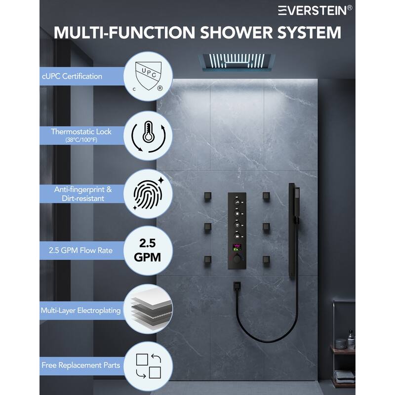 16 in LED Light Shower System Faucet Set LCD Digital Thermostatic Valve Kit Shower Head with Body Jets & Handheld Slider