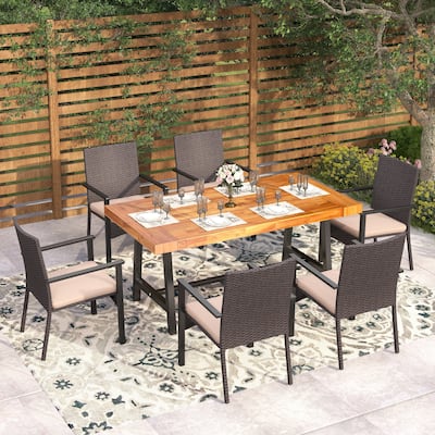 MAISON ARTS 7-Piece Acacia Wood Table & Rattan Cushion Dining Chairs Outdoor Patio Dining Set