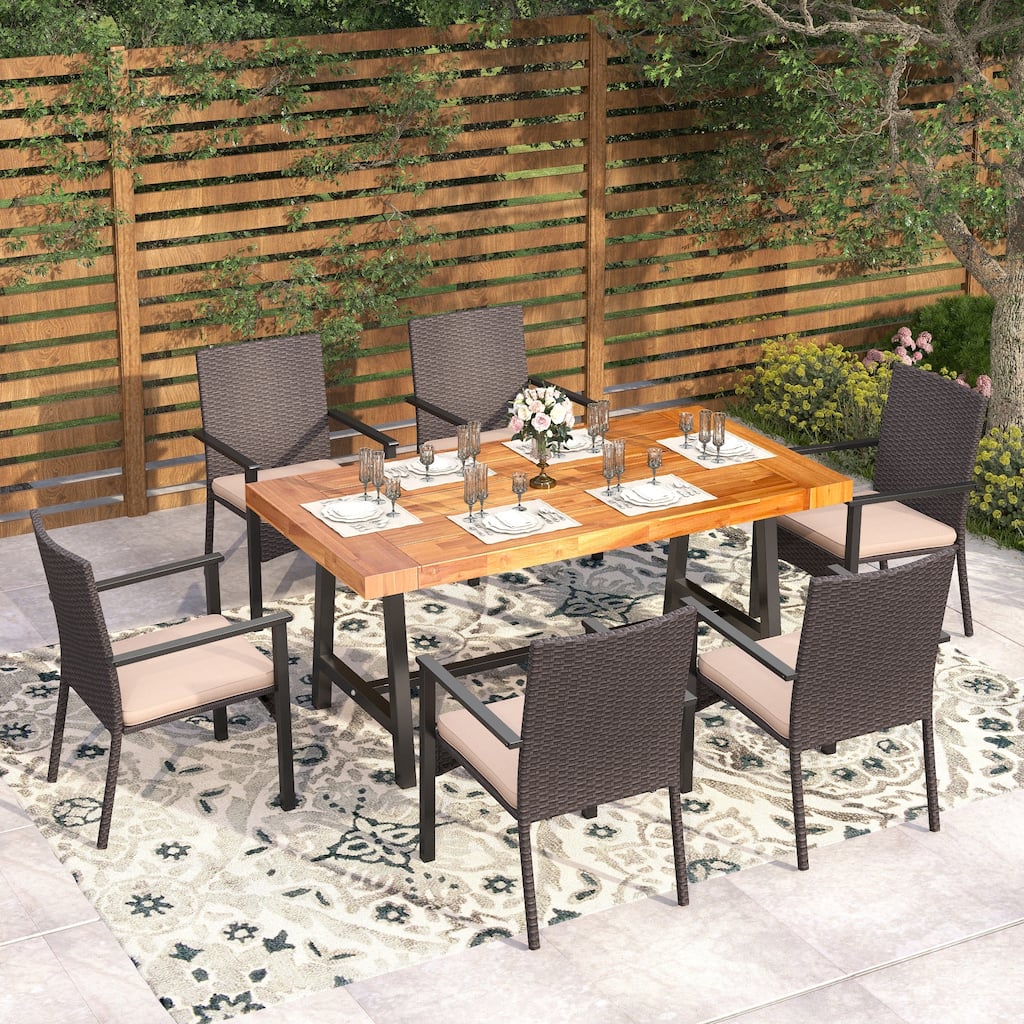 MAISON ARTS 7-Piece Acacia Wood Table & Rattan Cushion Dining Chairs Outdoor Patio Dining Set