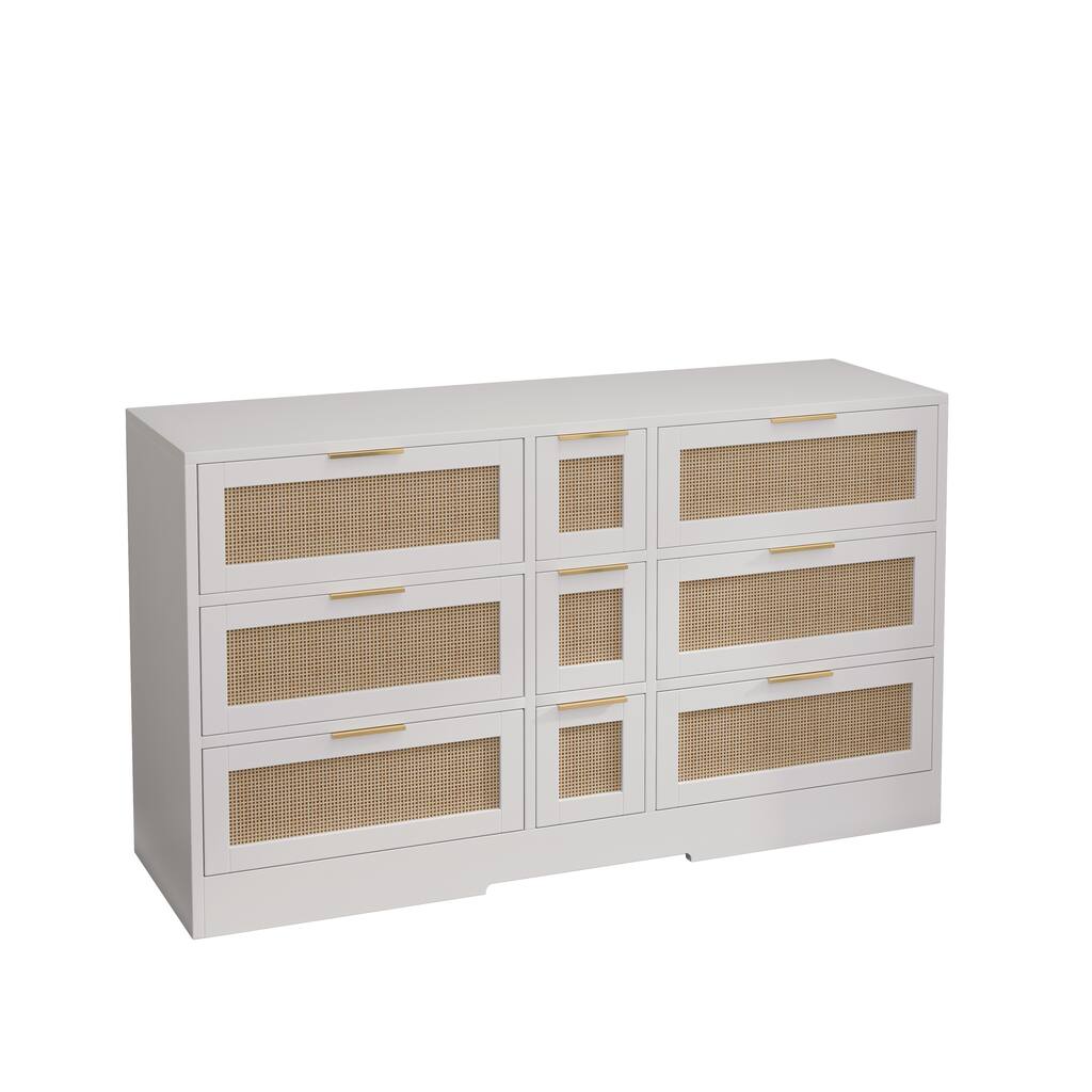 White Chest of Drawers 9-Drawer Rattan Storage Cabinet Sideboard