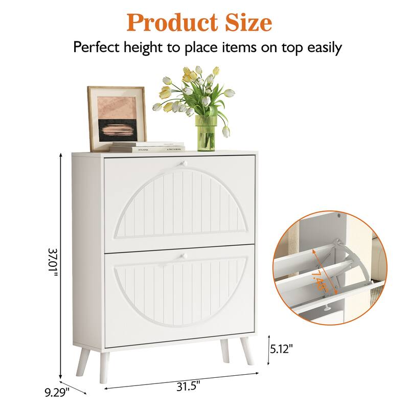 Tipping Bucket Shoe Cabinet, Freestanding Slim Narrow Shoe Rack, Shoe Storage Cabinet with Carved Doors & Solid Wood Legs
