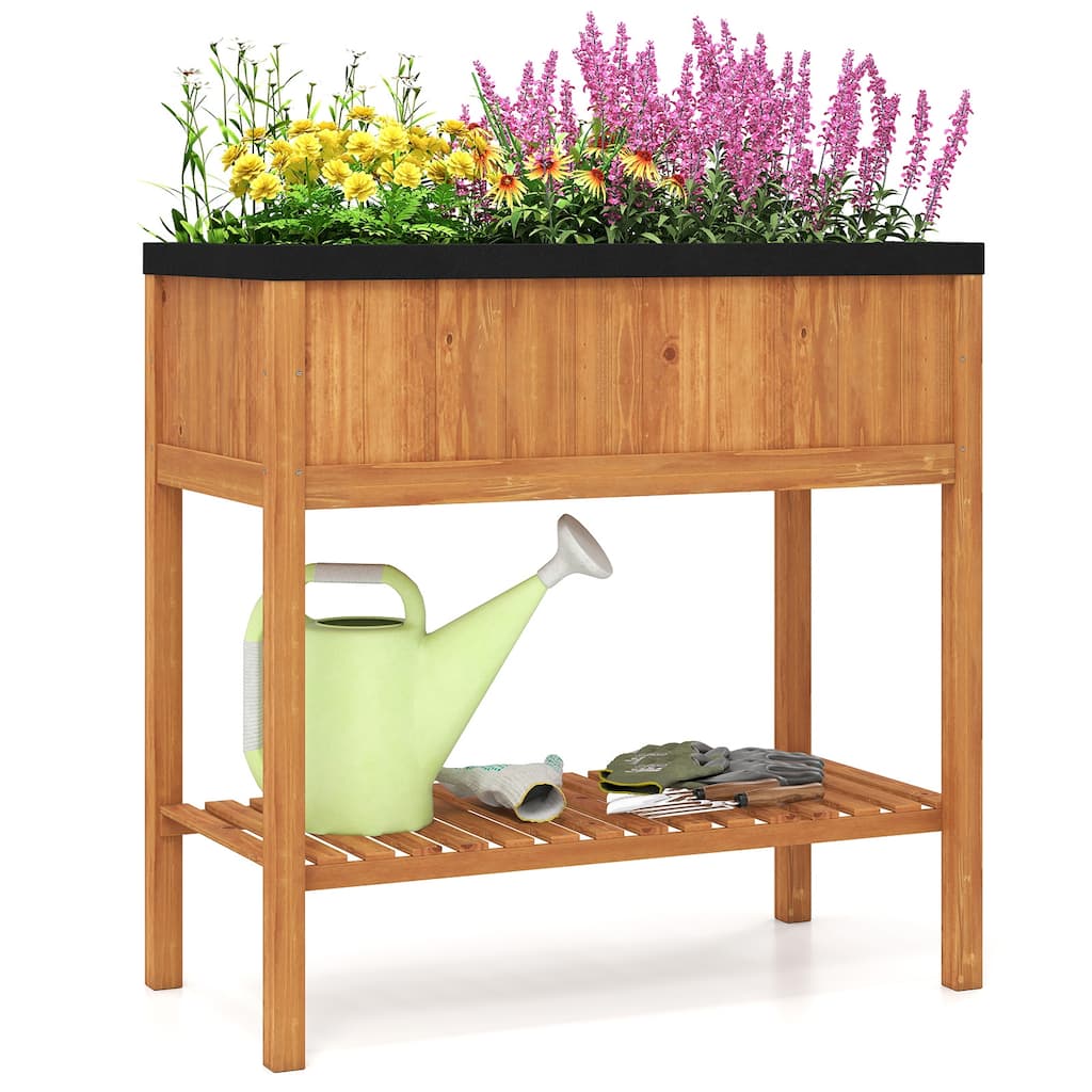 Gymax Wooden Raised Garden Bed w/ Legs Liner Storage Shelf Large