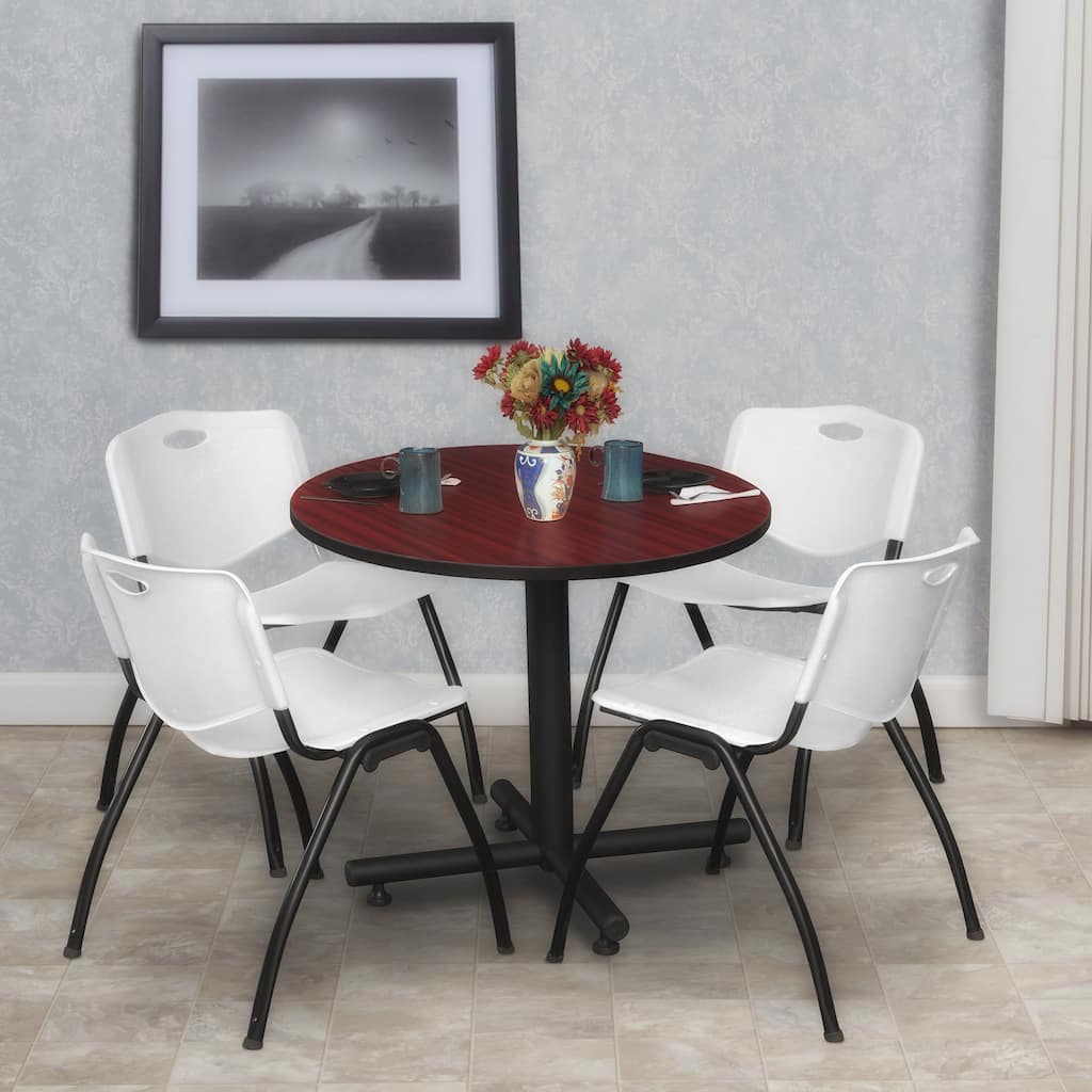 30 in. Round Breakroom Table- Mahogany & 4 'M' Stack Chairs- Grey