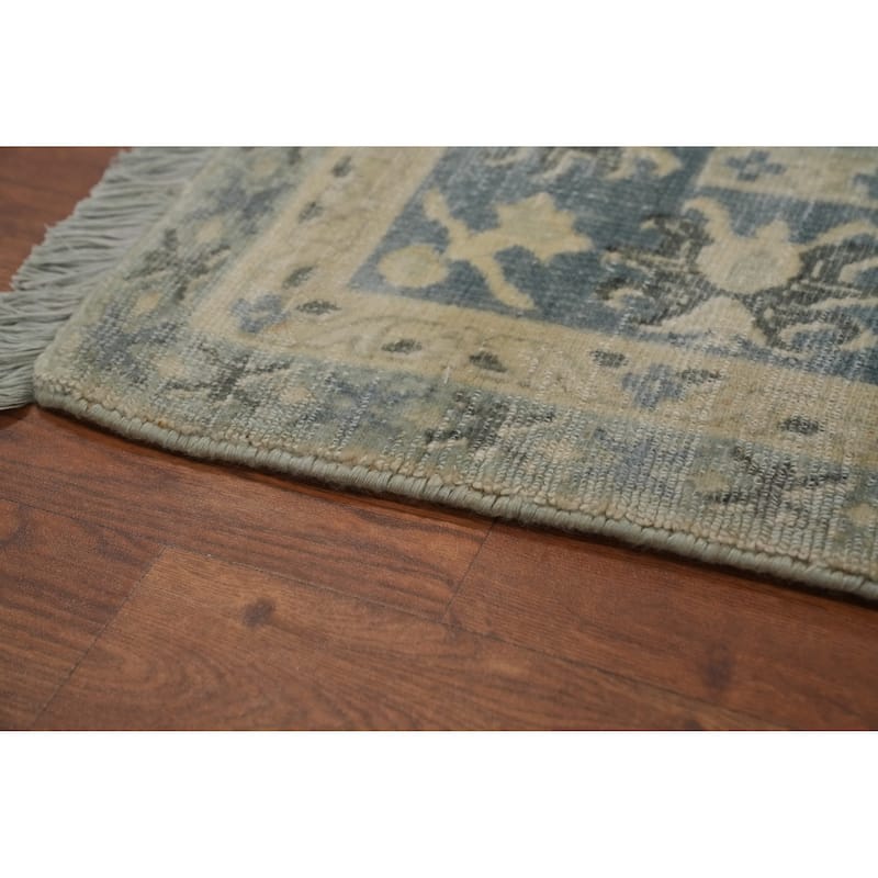 Hand-knotted Transitional Silk Carpet Blue Oushak Rug Geometric Oriental Area Rug - 9' 10'' X 6' 6''