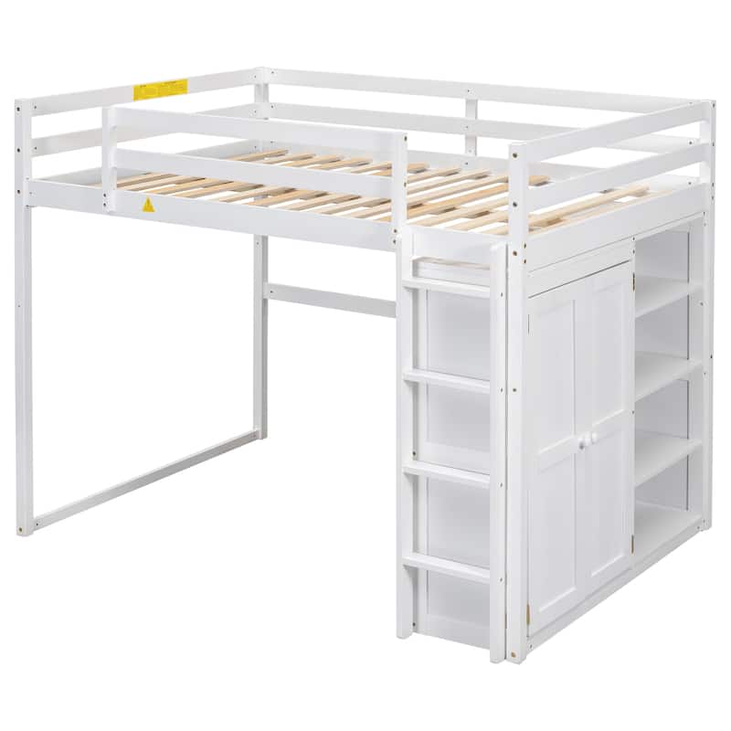 White Full Size Wood Loft Bed with Built-in Wardrobe and Shelves, LED Light
