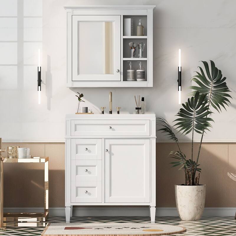 Modern 30" Bathroom Vanity Set with Mirror Cabinet, Ceramic Sink, 2 Drawers & Tip-Out Drawer for Storage - White