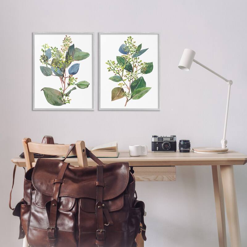Stupell Soft Eucalyptus Plant Blue Green Ombre Leaves, 2pc Multi Piece Framed Wall Art Set
