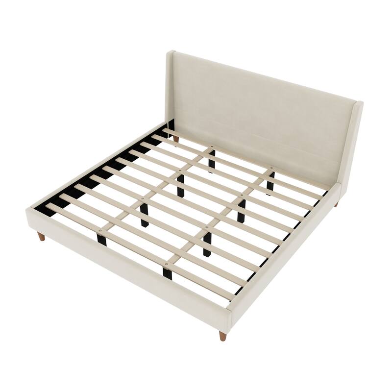 Wingback Low Platform Bed with Headboard, Round Legs