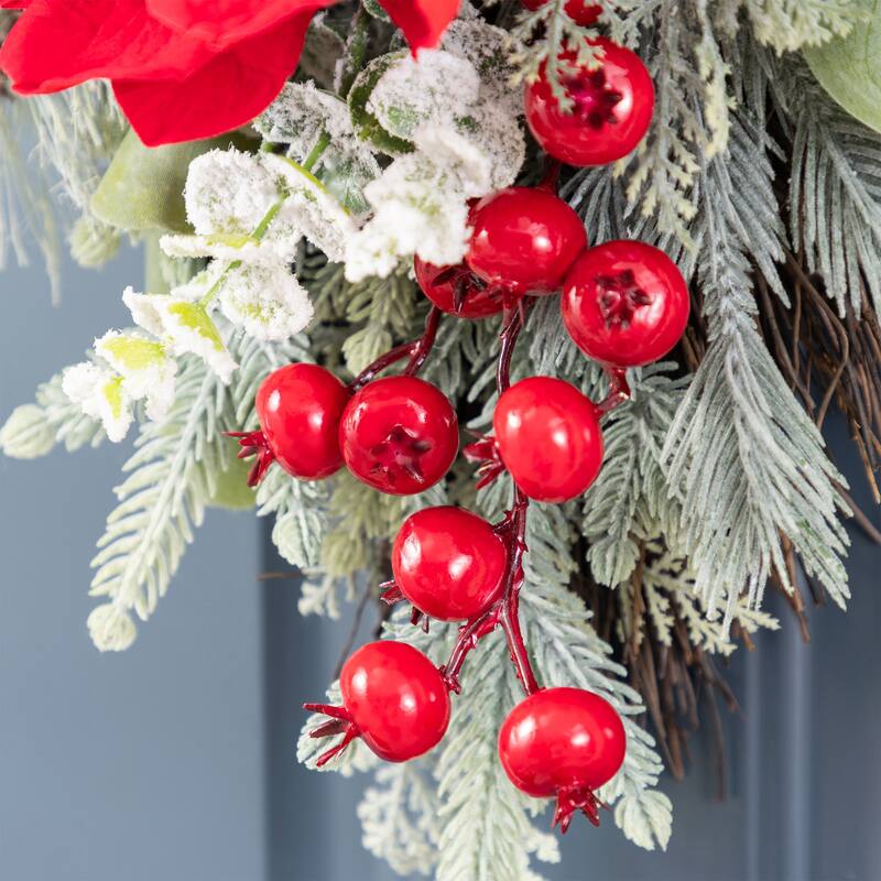 Glitzhome Christmas Red Mangnolia & Berry Wreath Garland Teardrop Hanging Decor