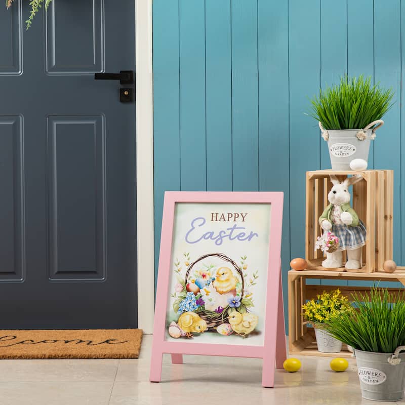 Glitzhome 24"H Easter Wooden Bunny Easel Porch Sign Wall Hanging Outdoor Indoor Decor