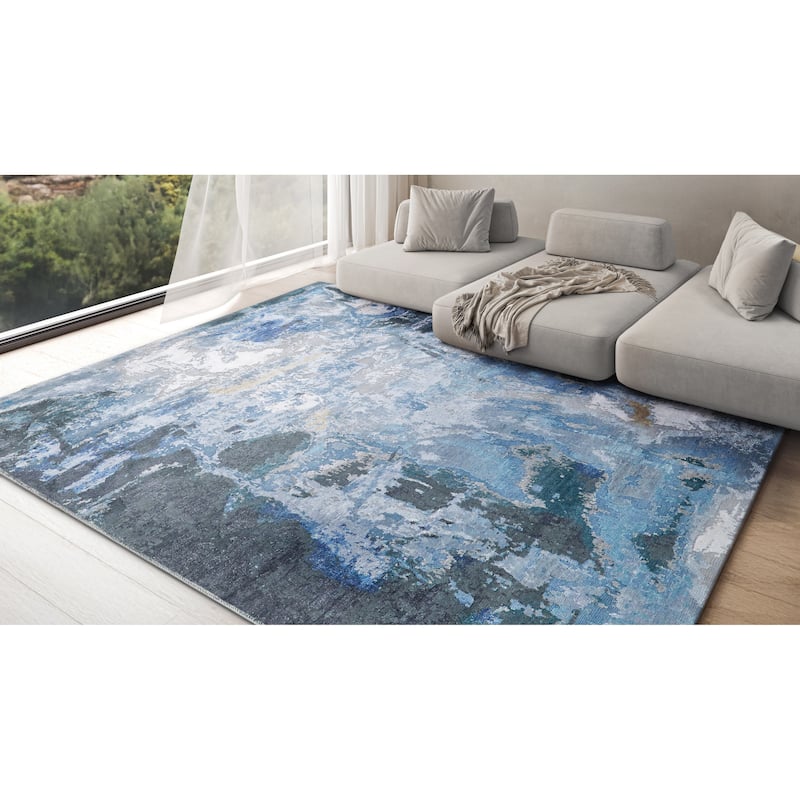Exquisite Rugs Cosmo Hand-Knotted New Zealand Wool/Bamboo Silk Blue/Silver/Dark Gray Area Rug.