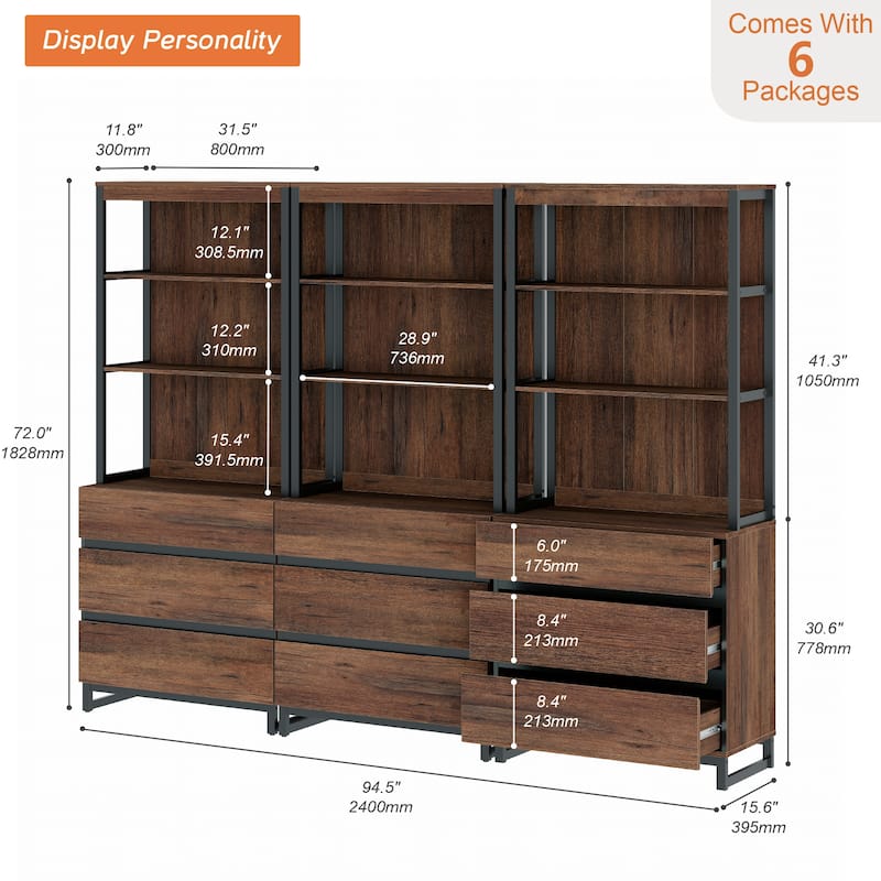 WAMPAT Modern 72" Tall Bookcase with Drawers and Open Book Shelfs, Library Book Shelf for Home Office, Living Room