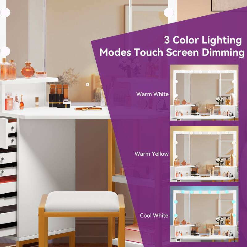 Modern 41.7" White Mirror Makeup Vanity Table with Stool and Light bulb - 41.7''L x 15.3''W x 55.3''H
