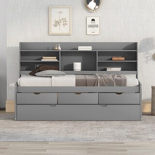 Twin Captain Bed with Trundle, Bookshelves, and Storage Drawers