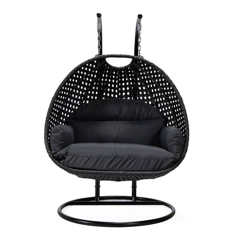 Patio 2-Person Hanging Egg Swing Chair Charcoal Wicker and Iron Frame Breathable Removable Cushion Covers by LeisureMod