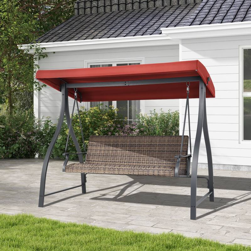 Aoodor 3-Seat Outdoor Rattan Patio Swing with Adjustable Canopy - Stylish Comfort for Your Porch, Garden, and Yard