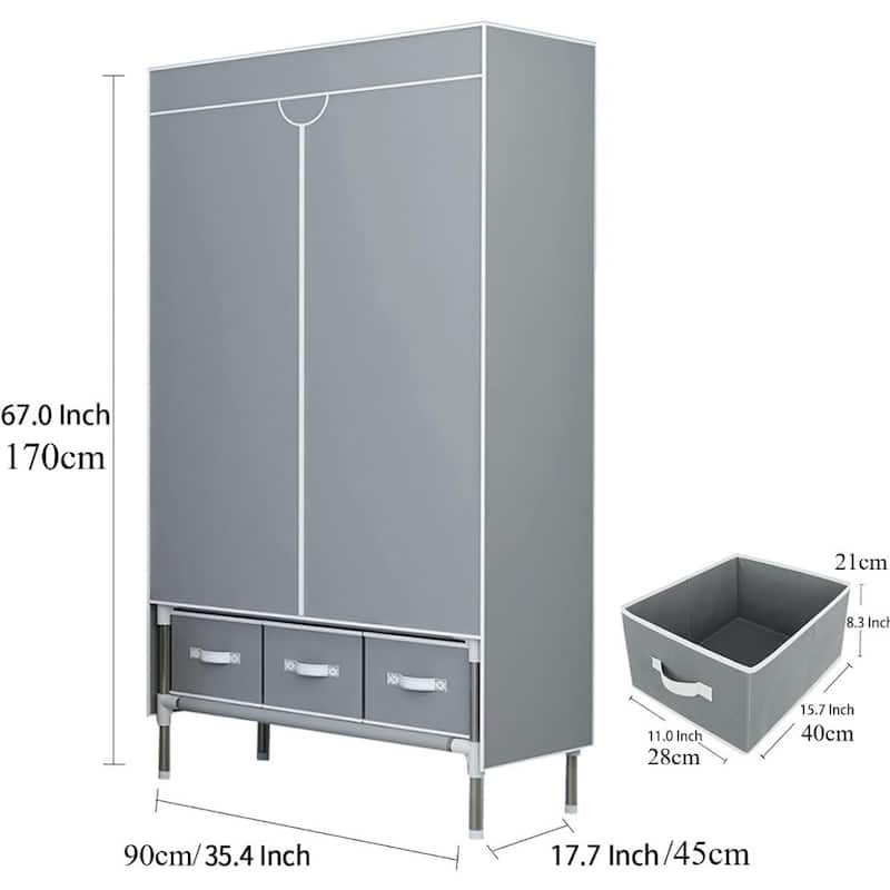 Portable Clothes Closet Rolling Door Wardrobe with Hanging Rack Non-Woven Fabric Storage Organizer with Three Drawer Boxes No-To