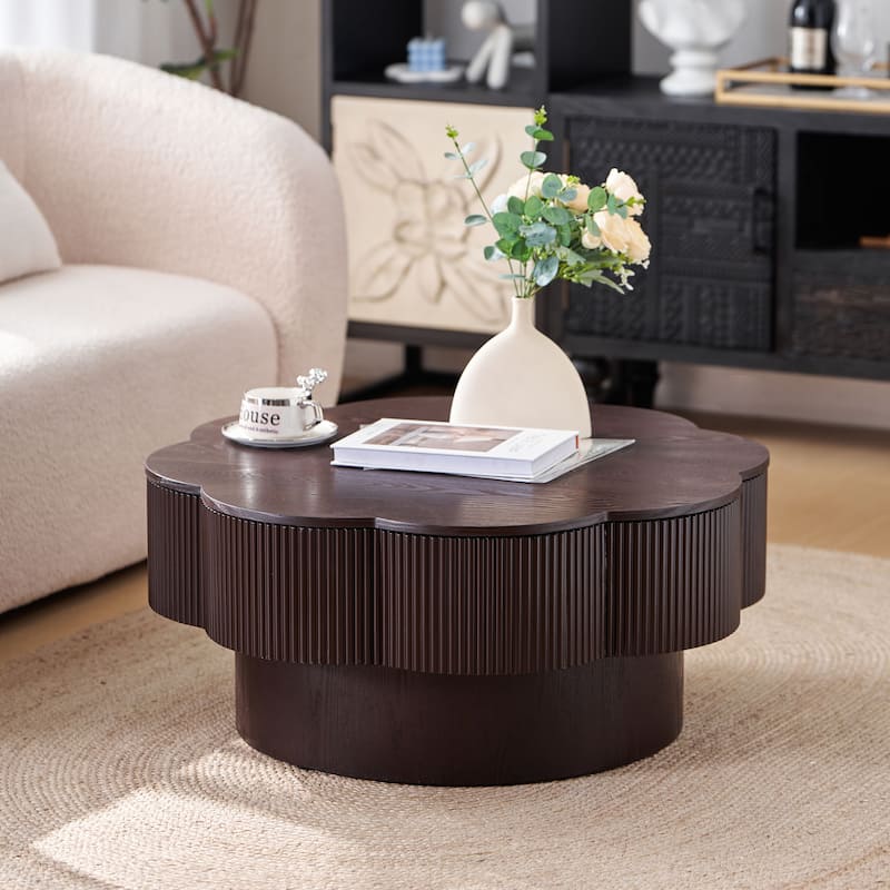 Modern Solid Wood Veneered Round/Oval/Rectangular Coffee Tea Table with Storage.