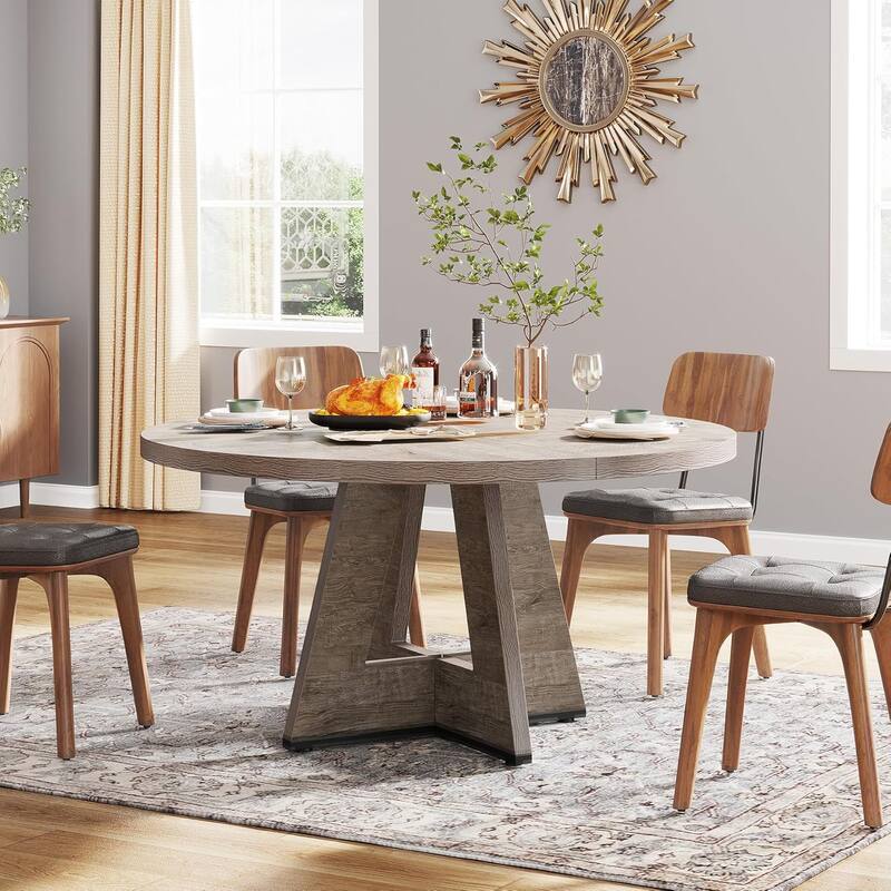 47" Round Dining Table for 4-6 People Rustic Wood Table with Pedestal Base for Kitchen Dining Room Living Room