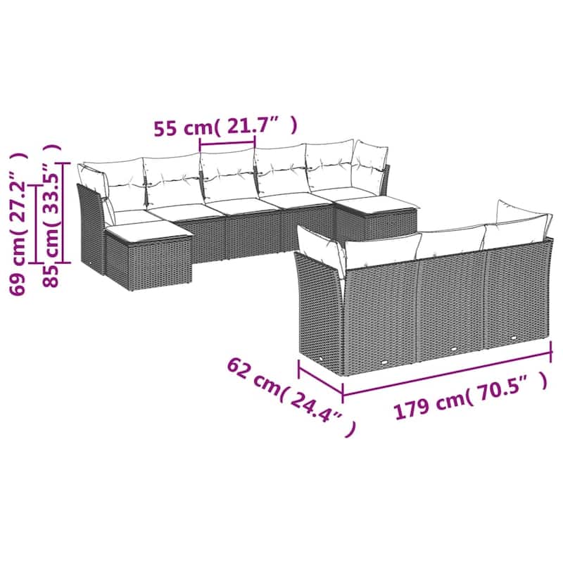vidaXL Patio Sofa Set with Cushions Outdoor Furniture 10 Piece Poly Rattan - 21.7 x 21.7 x 14.6