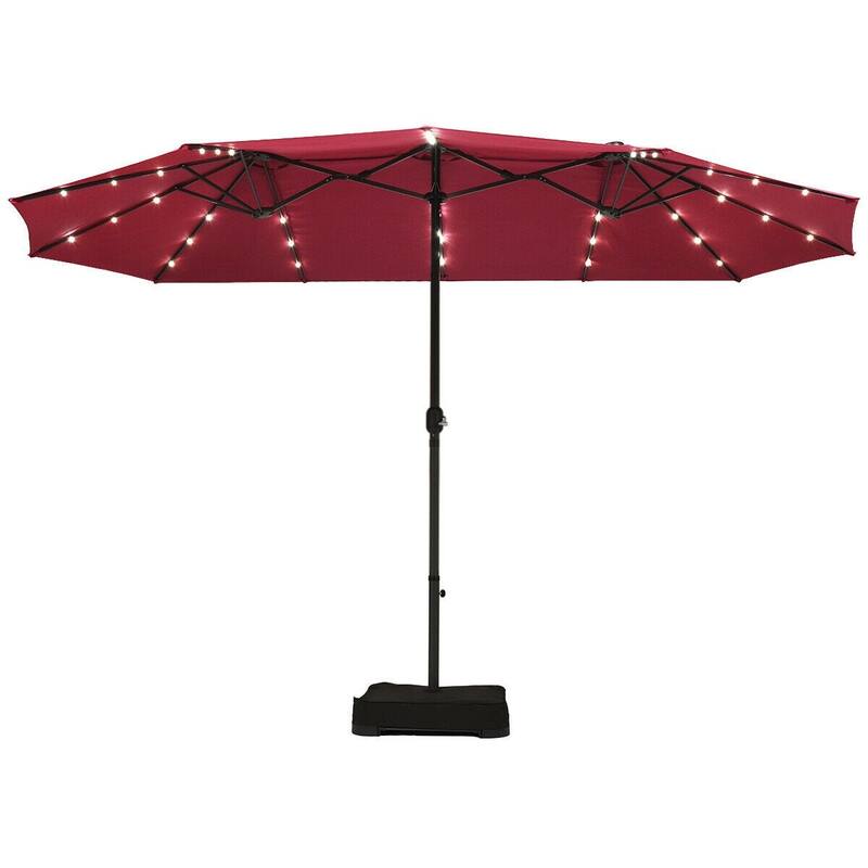 15 Ft Solar LED Patio Double-sided Umbrella Market Umbrella with Weight Base - 15' x 8' (W x H) - Red