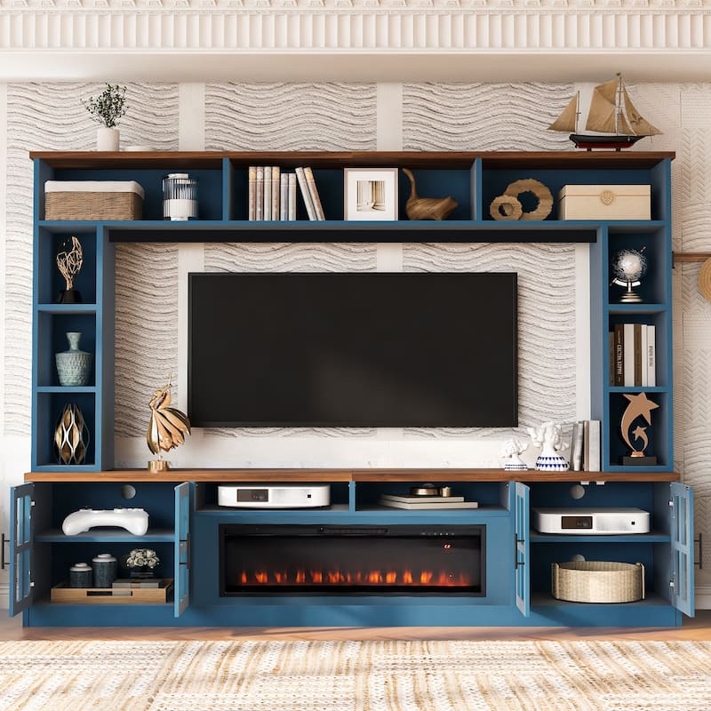 95" Entertainment Center with Electric Fireplace, TV Stand for TVs up to 80" Wall Unit Media Console with Bookshelves & Cabinets - Navy Blue
