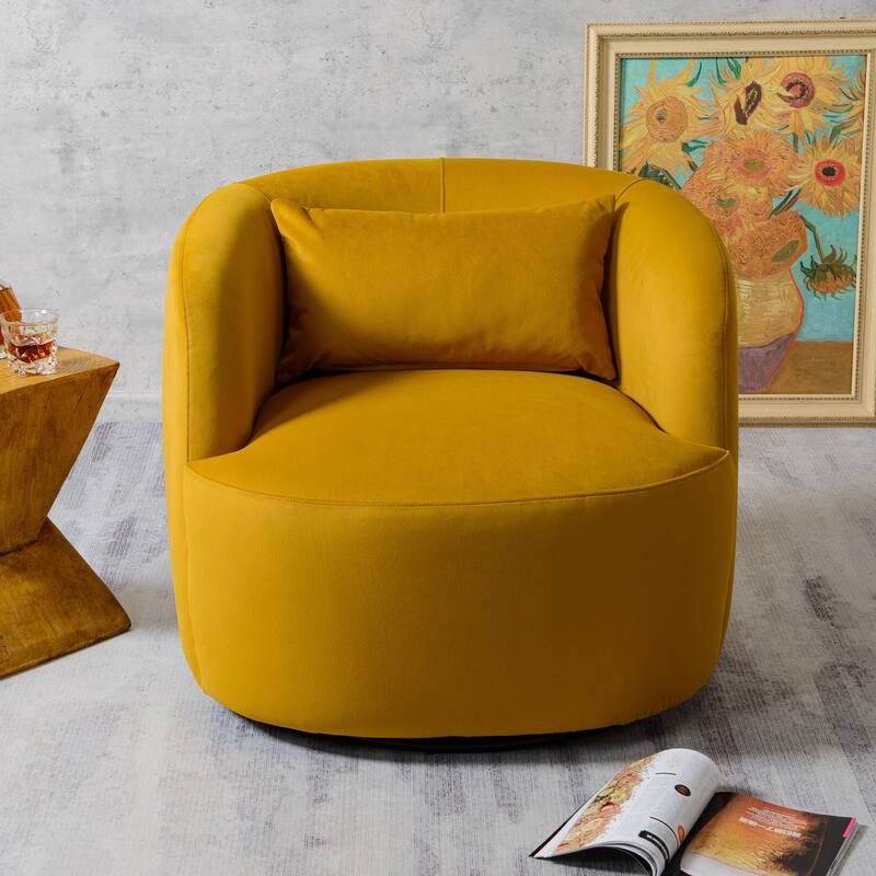 KINWELL 34" Wide Velvet Upholstered Swivel Accent Chair with Toss Pillow
