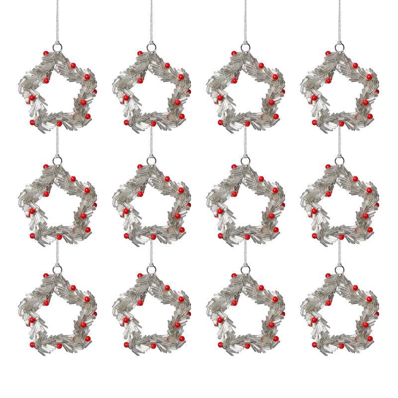Festive Beaded Christmas Star Hanging Ornaments with Red Berries, Set of 12, 4"