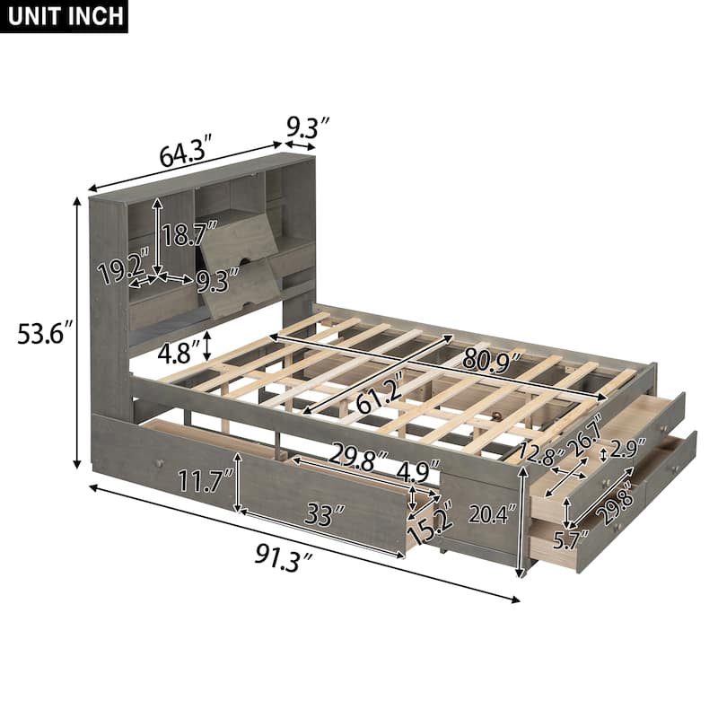 Solid Pinewood Platform Bed Frame with Storage Headboard and 8 Drawers