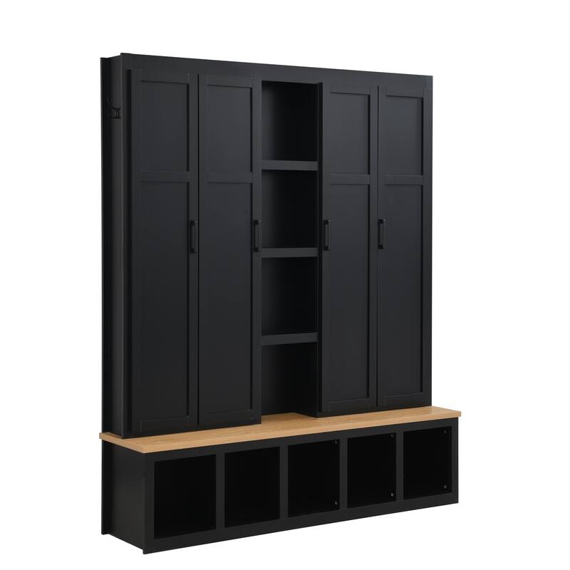 Farmhouse Hall Tree with Bench & 6 Hooks, 62.9"W Shoe Storage, Entryway Organizer for Mudroom, Living Room