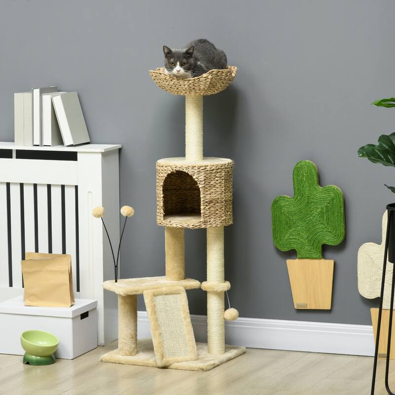 45" Cat Tree for Indoor Cats, Cat Tree Tower with Scratching Posts, Ramp, Condo, Toy Balls, Platforms, Bed, Ramp - Beige