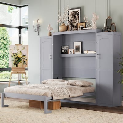 Quality Multifunctional Full Size Murphy Bed, Foldable Wooden Wall Bed w/ 2 Wardrobe & Storage Shelf for Guestroom, Bedroom