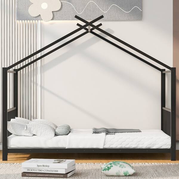 slide 2 of 27, Metal House Platform Bed Black