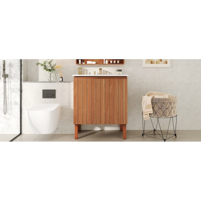 Roomfitters 30" Modern Bathroom Vanity with Ceramic Sink, Minimalist Cabinet with Vertical Stripe Design, Antique Natural