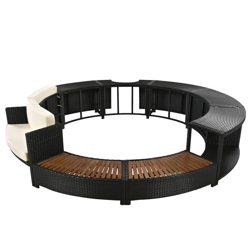 Outdoor Patio Rattan Furniture Set, All Weather Round Conversation Sofa Set with Acacia Wood Seat and Waterproof Cushion