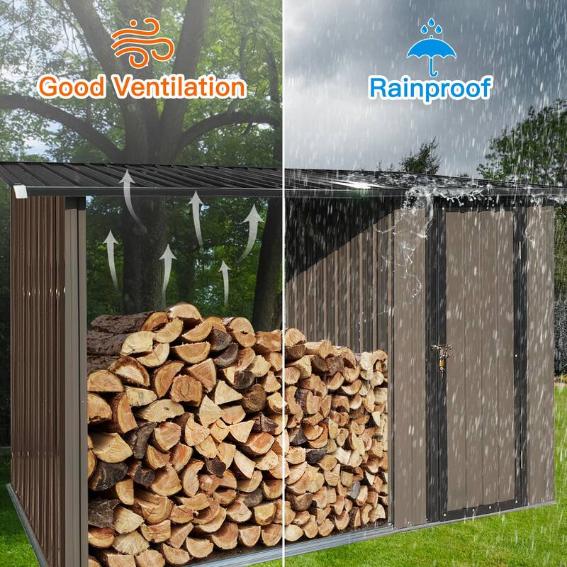 Outdoor Metal Firewood Rack And Storage Shed, Brown And Black, Two-In-One Function