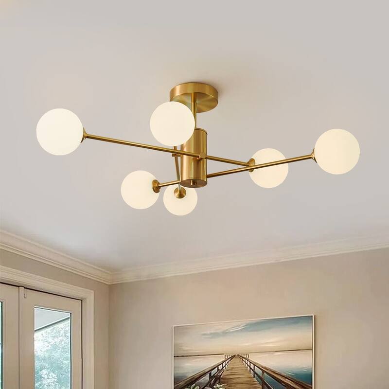 Linear Sputnik Frosted Glass Globe Semi Flush Chandelier