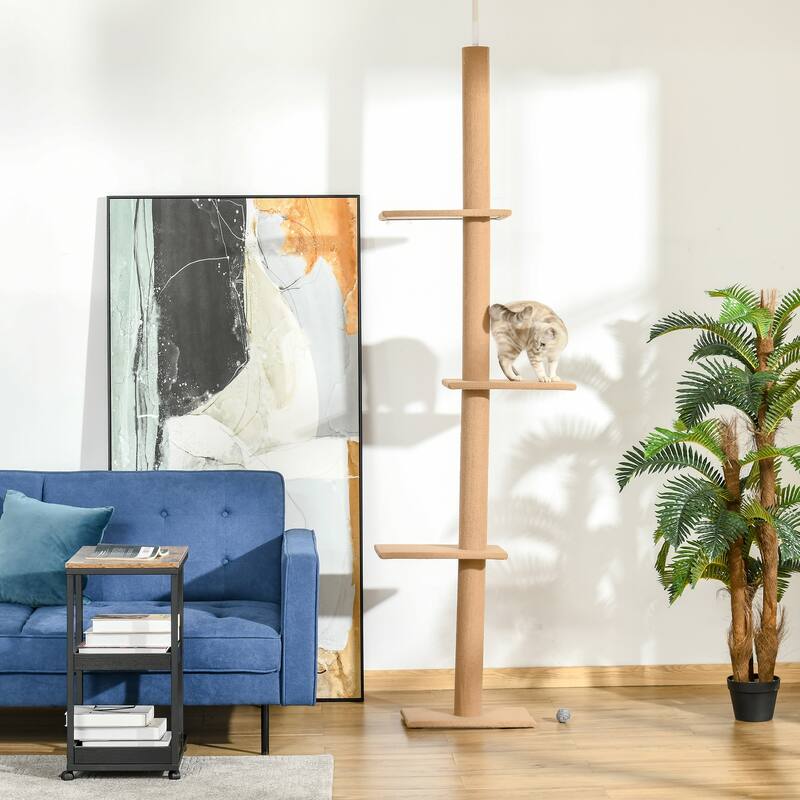 Floor-to-Ceiling Cat Tree Cat Climbing Tower with Sisal-Covered Scratching Posts Natural Cat Tree Activity Center - Brown