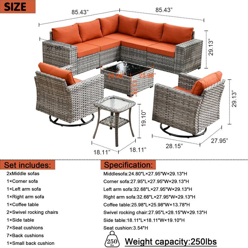 OVIOS 9-piece Patio Wicker Swivel Rocking Chair Set with Glass-Top Tables