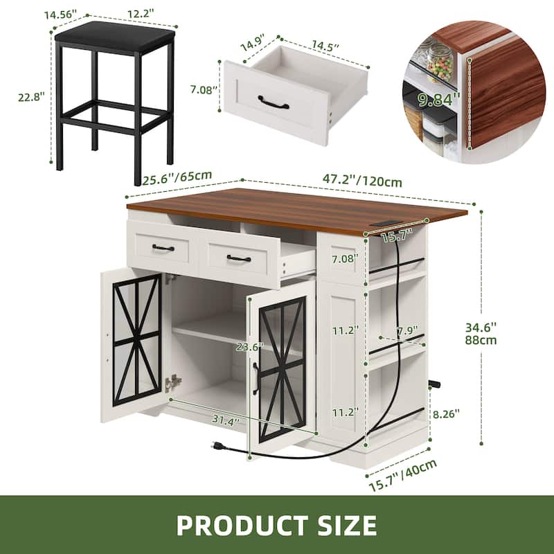 Moasis 3 PCS Kitchen Island Set with 2 Bar Stools,Moible Table with Drop Leaf & Power Outlet