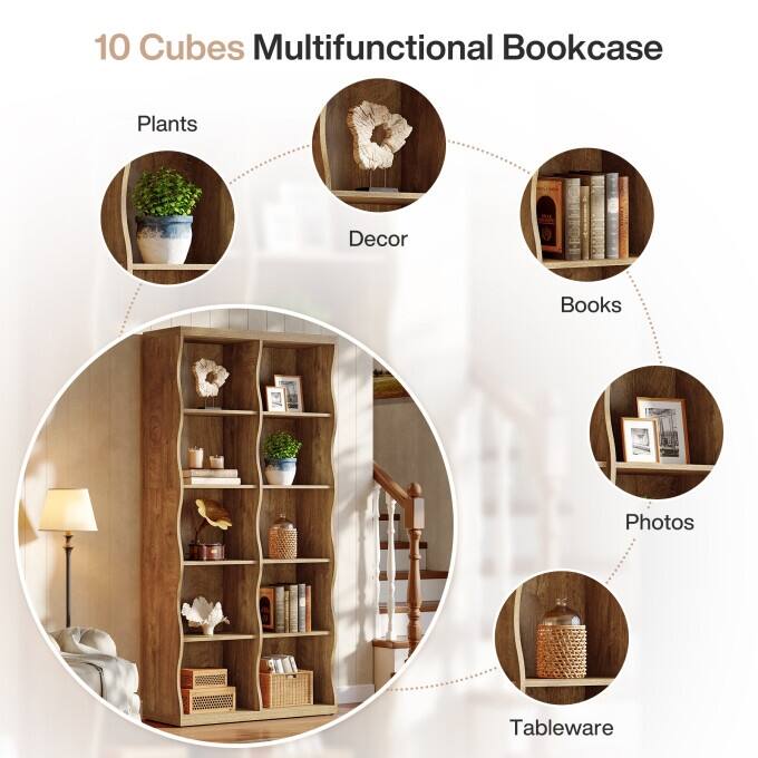 70.86" Bookcase with 10 Storage Cubes, 5-Tier Wave-Design Bookshelf
