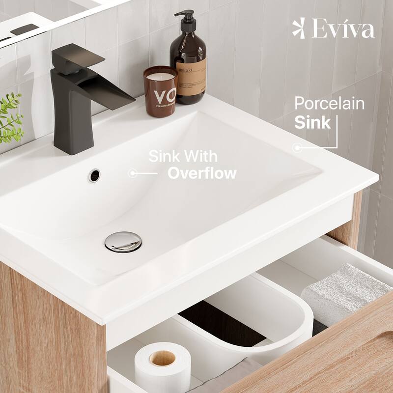 Eviva Joy 24"W Maple Wall Mount Bath Vanity with Porcelain Top