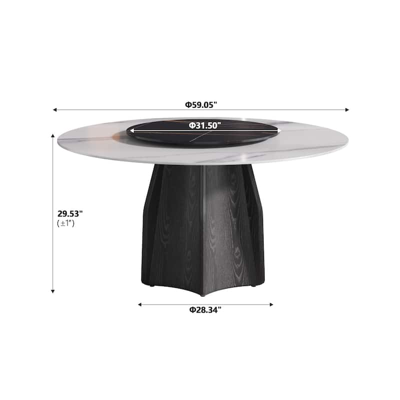 59.05'' Modern Round Sintered Stone Table Top Black Wood Pedestal with Lazy Susan