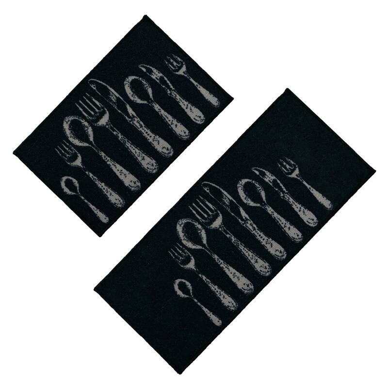 Chic Cutlery Print Wool-Effect Kitchen Mat and Runner Rug - Set of 2 - Black/Gray