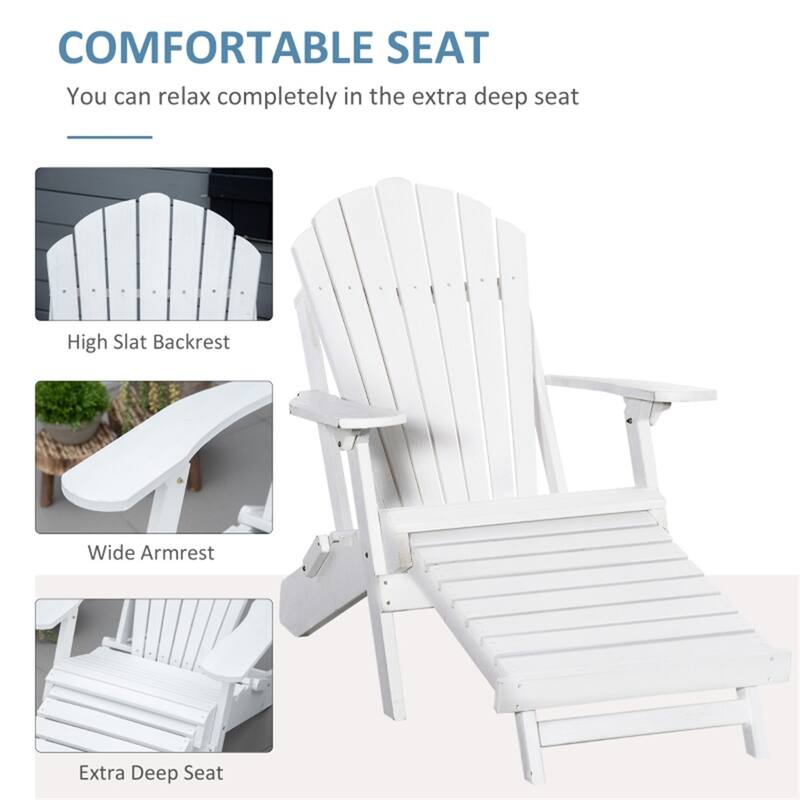 White Pine Wood Adirondack Chair with Retractable Footrest Outdoor Patio Porch Garden Ergonomic Seating
