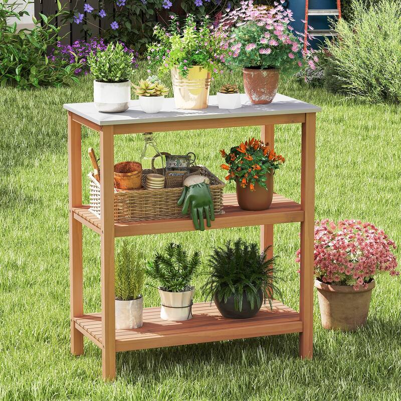 Gymax 3-Tier Patio Garden Potting Bench Table w/ Acacia Wood 2 Slatted